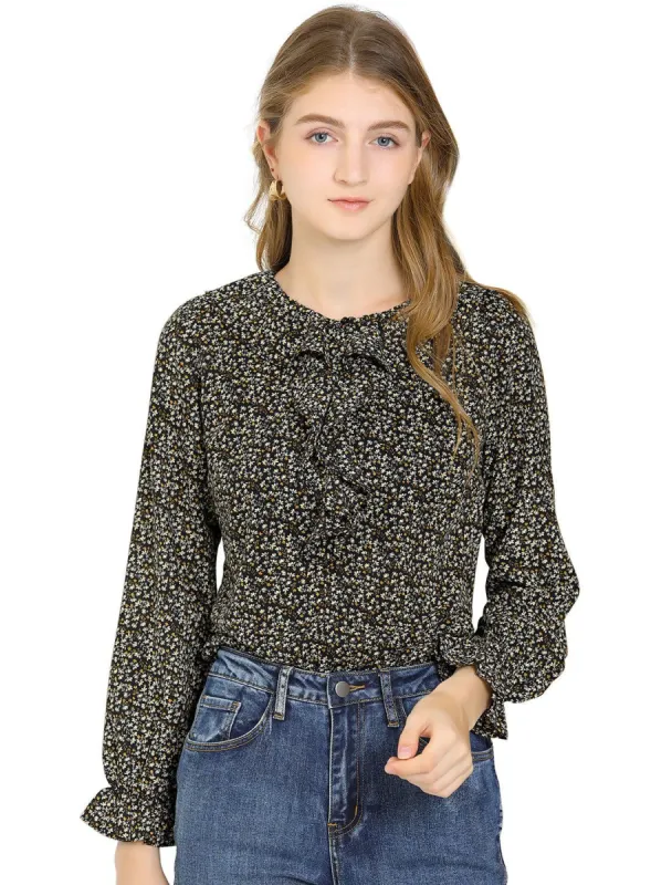 Women's Ruffle Neck Long Puff Sleeve Ditsy Floral Shirt Blouse sold by Allegra K