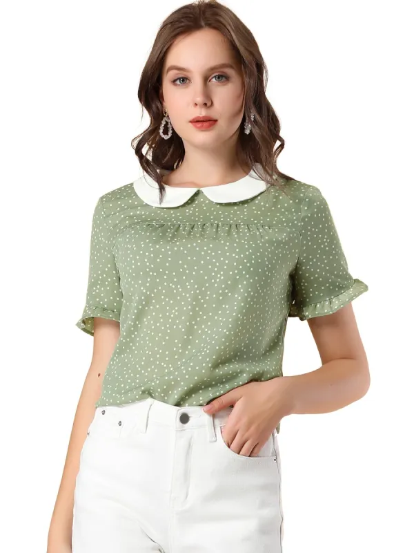 Women's Doll Collar Contrast Ruffled Sleeve Polka Dots Blouse sold by Allegra K