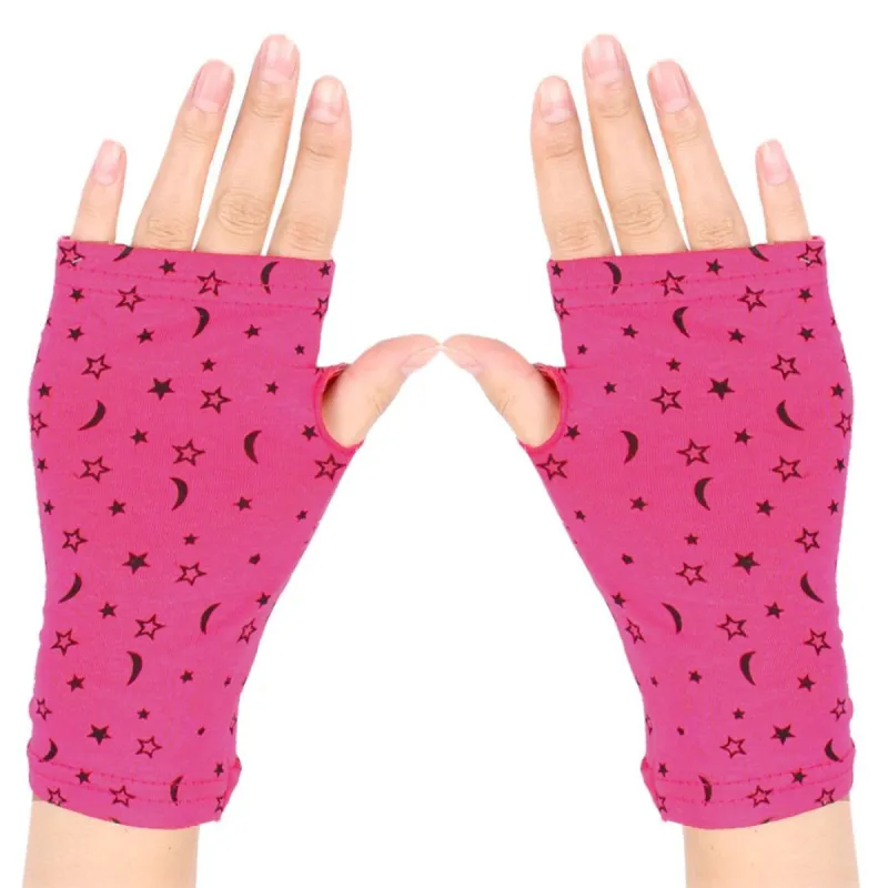Women Moon Star Print Short Fingerless Gloves Wrist Warmer Mitts Pair sold by Allegra K