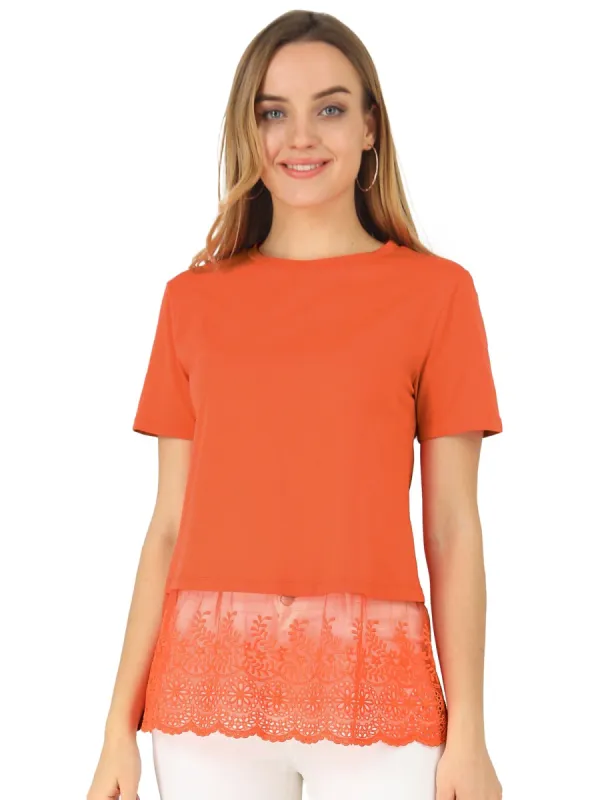 Women's Crewneck Tiered Lace Hem Short Sleeve Blouse sold by Allegra K