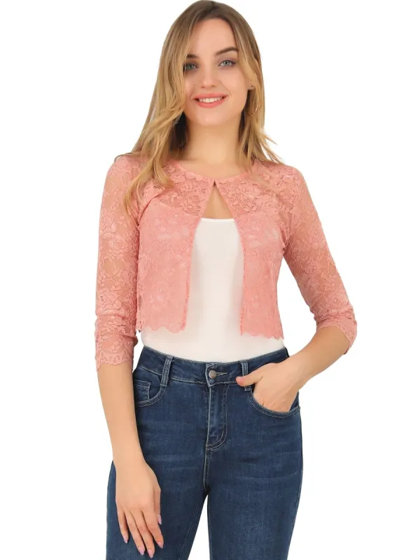 Women's Elegant Ruffle Collar Crop Cardigan Sheer Floral Lace Shrug Tops made by Allegra K