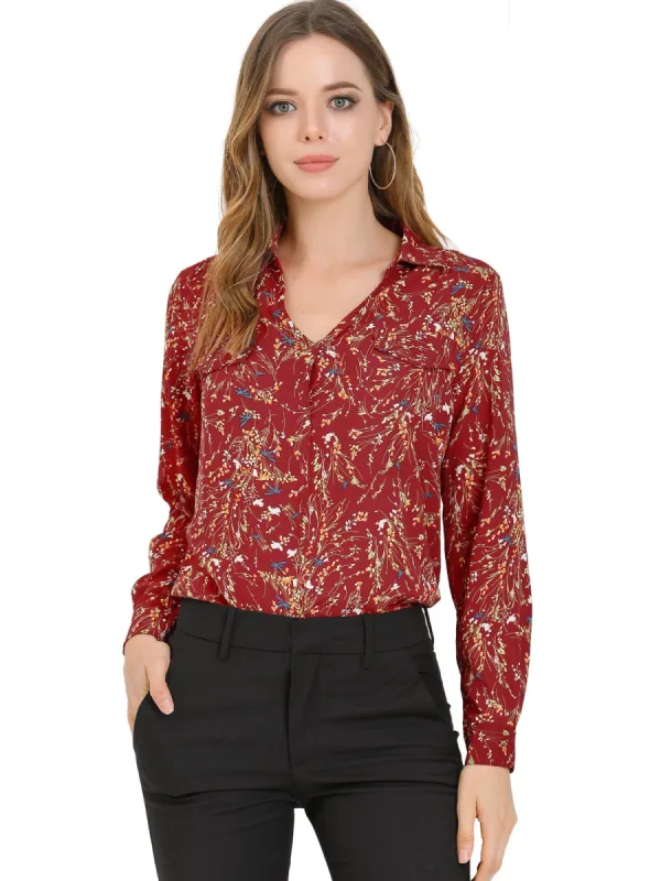 Women's Pleated V-neck Long Sleeve Floral Faux Pocket Shirt Blouse sold by Allegra K