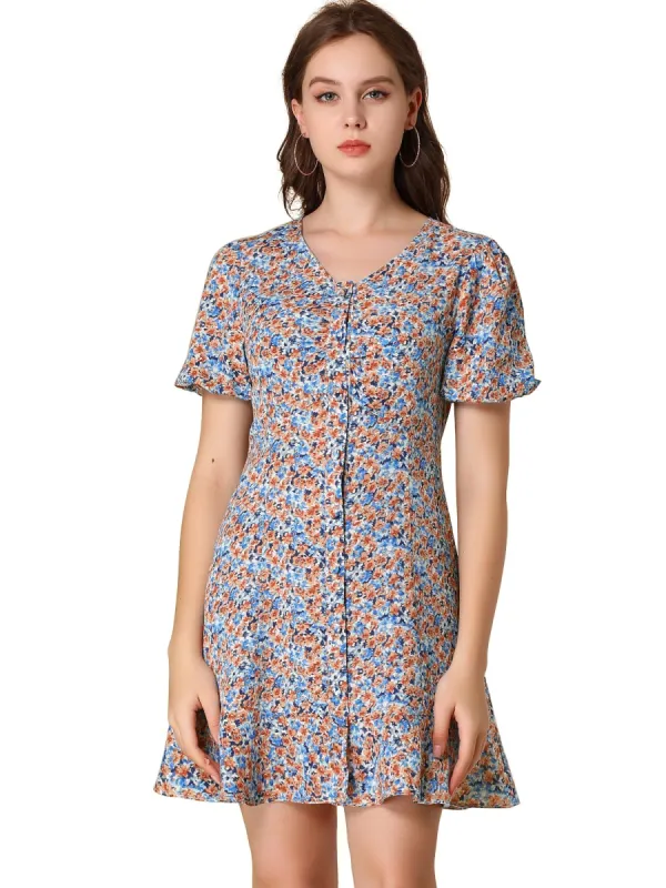 Women's Casual Short Puff Sleeve Full Placket Ruffle Hem Floral Dress sold by Allegra K