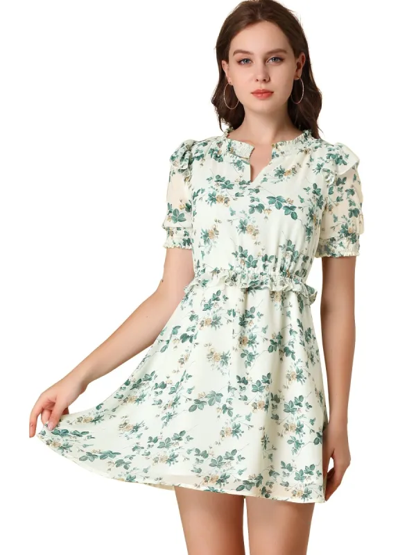 Women's Ruffle Smocked V Neck Floral Fit and Flare Short Sleeve Elastic Waist Mini Dress sold by Allegra K