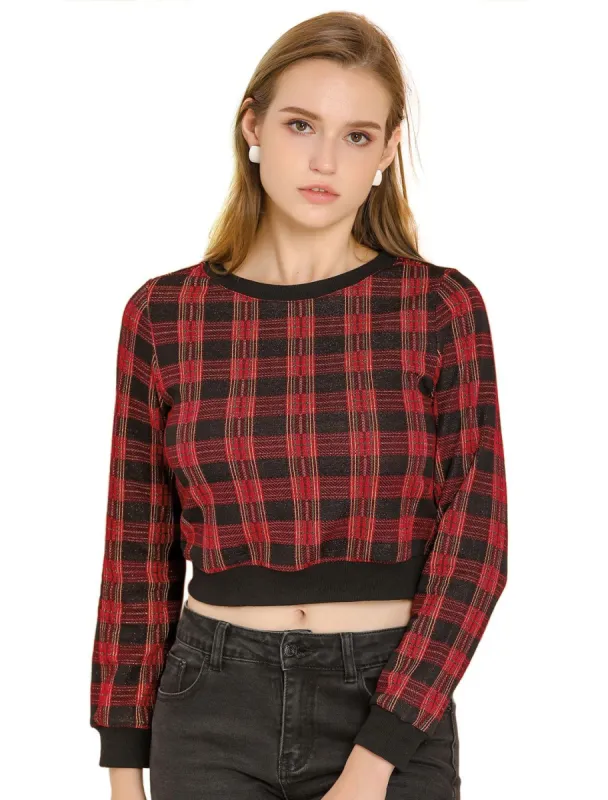 Women's Plaid Round Neck Crop Top Long Sleeve Ribbed Sweatshirt sold by Allegra K