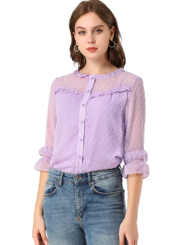 Women's Ruffled Sleeve Frill Trim Button Down Semi-Sheer Swiss Dots Blouse sold by Allegra K