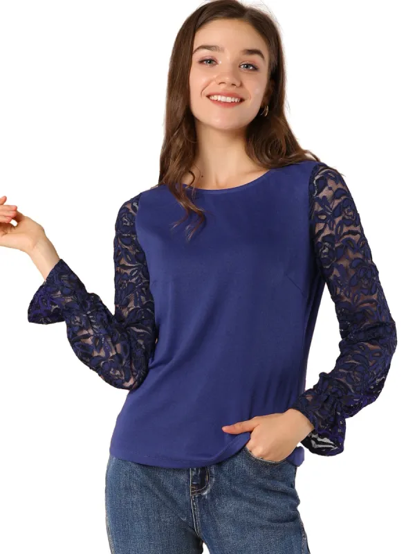 Women's Lace Long Flare Sleeve Knit Blouse Top sold by Allegra K