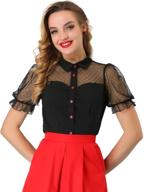 Women's Mesh Panel Top Bubble Short Sleeve Point Collar Blouse sold by Allegra K