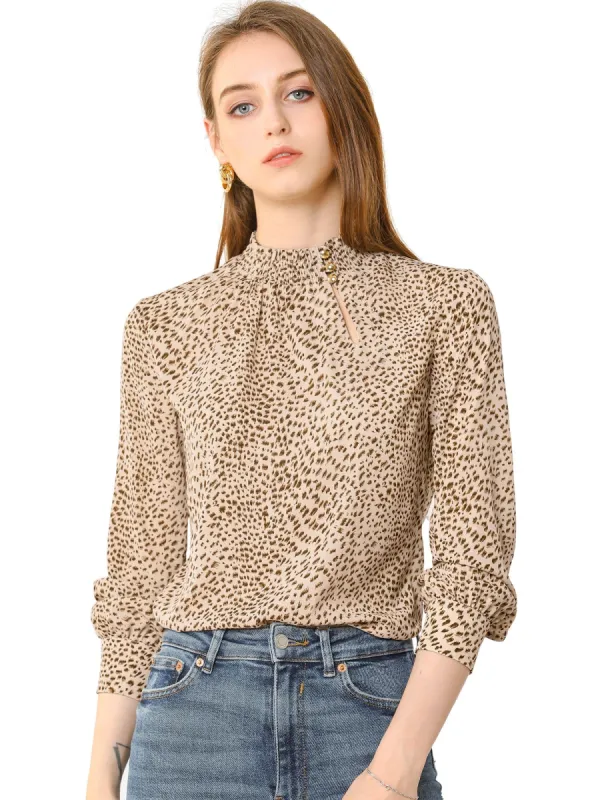Women's Ruffle Mock Neck Print Blouse Button Keyhole Long Sleeves Tops sold by Allegra K