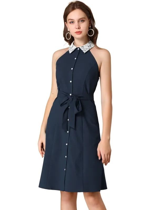 Women's Vintage Button Front Sleeveless Contrast Lace Panel Point Collar Dress sold by Allegra K