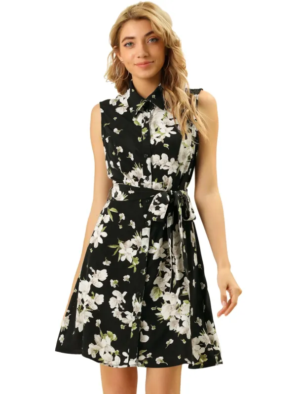Women's Floral Print Collared Dresses A-Line Sleeveless Shirt Dress sold by Allegra K