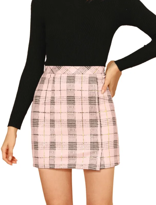 Women's Check Slit Hem Faux Suede Mini Skirt sold by Allegra K