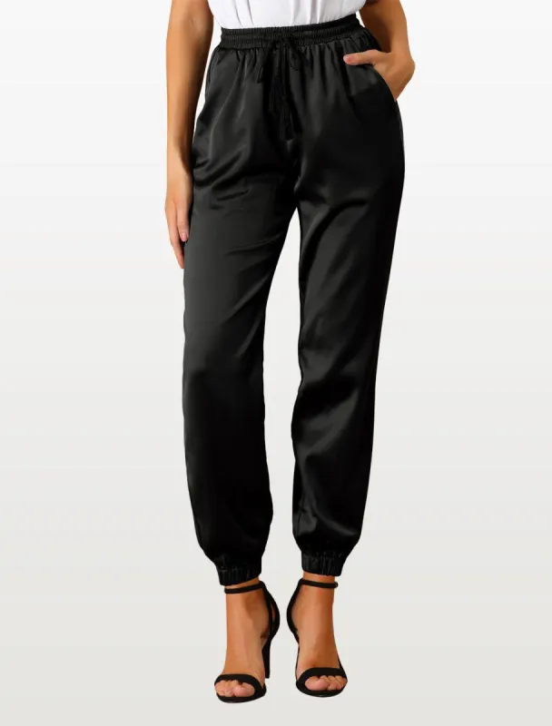 Women's Drawstring Elastic Waist Athleisure Pants Ankle Length Satin Joggers with Pocket sold by Allegra K