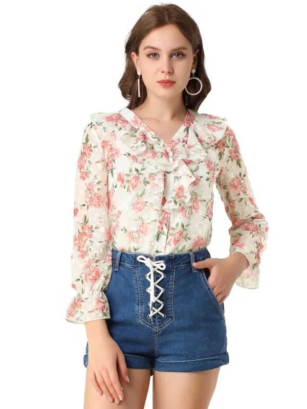 Women's V-Neck Ruffle Collar Top Long Sleeve Valentine's Day Rose Floral Blouse sold by Allegra K