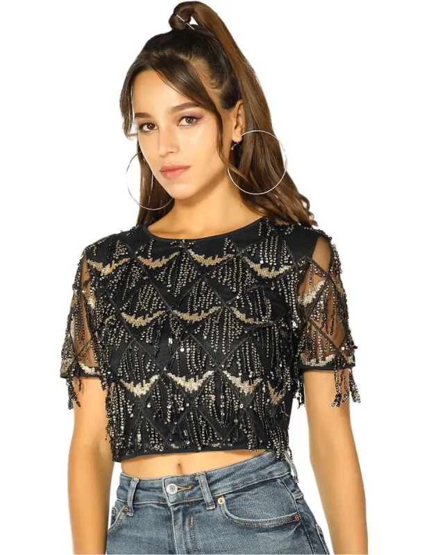 Women's Christmas Sequin Shiny Glitter Crop Top Short Sleeves Tassel T-Shirt sold by Allegra K