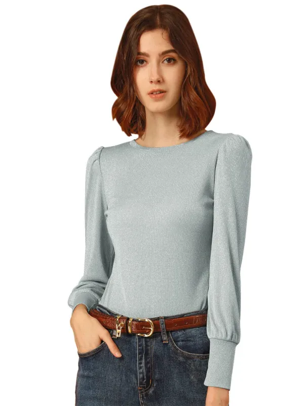 Women's Metallic Sparkle Glitter Top Blouse Crew Neck Puff Long Sleeve Vintage Knit Shirt made by Allegra K