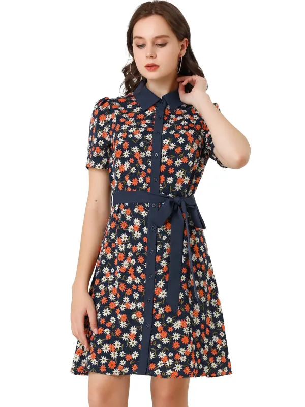 Women's Contrast Collar Short Sleeve Belt Shirt Dress sold by Allegra K