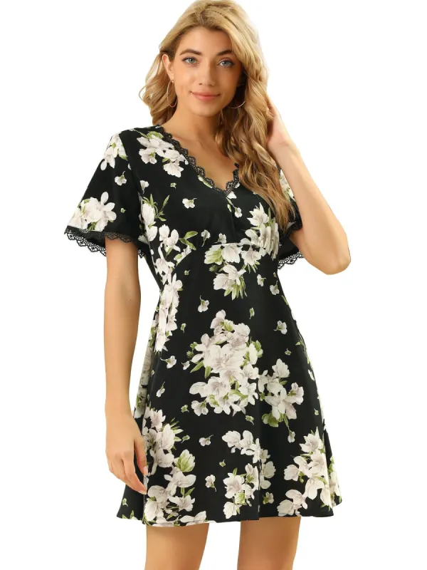 Women's Floral Lace Trim Mini A-Line V Neck Dress sold by Allegra K