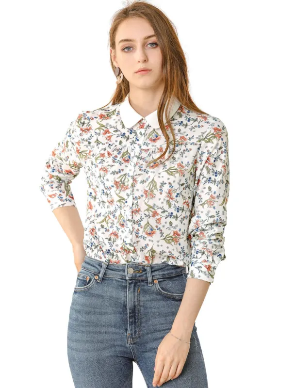 Women's Floral Printed Button Down Shirt Contrast Collar Full Placket Long Sleeve Work Top Blouse made by Allegra K