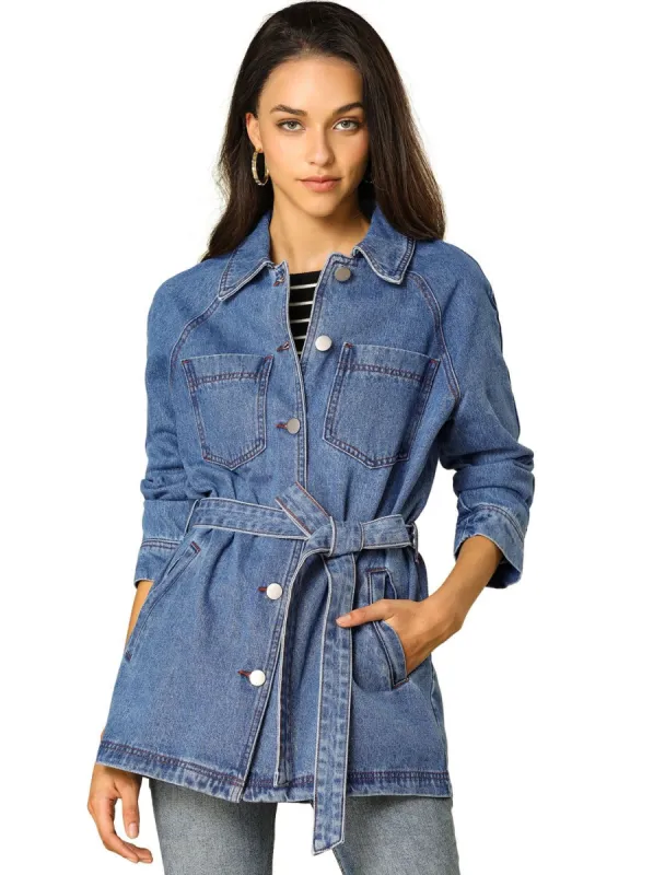 Allegra K Belted Longline Denim Jacket sold by Allegra K