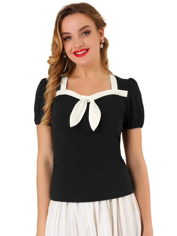 Women's Retro Sweetheart Neck Contrast Bow Tie Short Sleeve Blouse sold by Allegra K