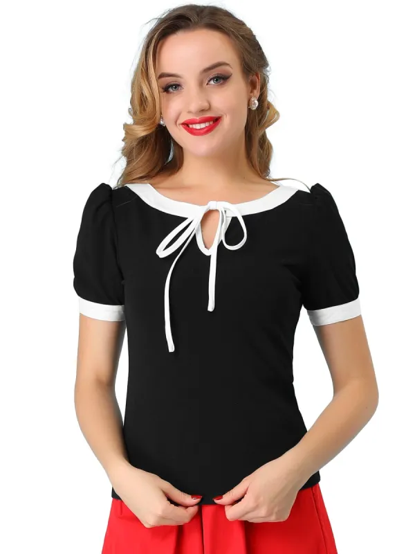 Women's Vintage Tie Neck Tops Contrast Trim Short Sleeve Blouse sold by Allegra K