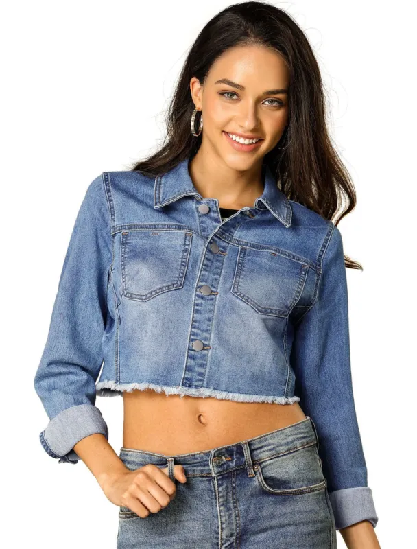 Mid Wash Cropped Denim Jacket with Frayed Hem sold by Allegra K