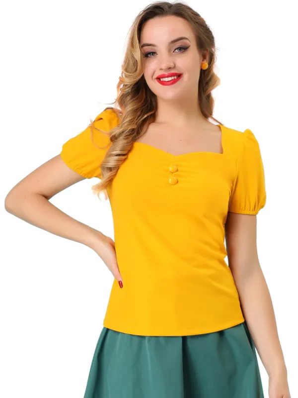 Women's Retro Sweetheart Neck Top Ruched Front Button Decor Short Sleeve Blouse sold by Allegra K