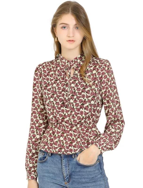 Women's Vintage Blouse Keyhole Puff Sleeve Floral Peplum Top made by Allegra K