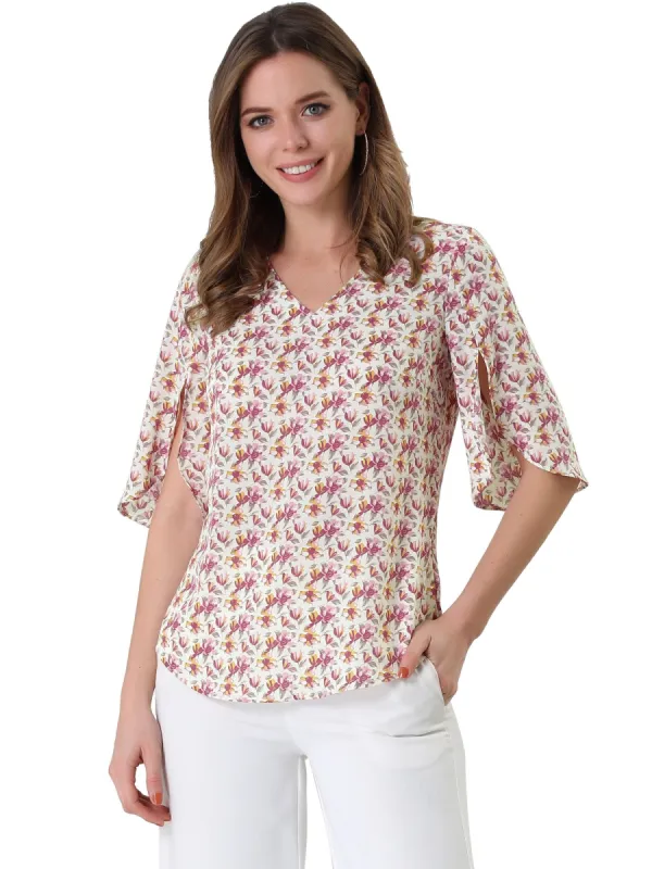 Women's Casual Half Ruffle Sleeve Shirts V Neck Floral Blouse Tops sold by Allegra K