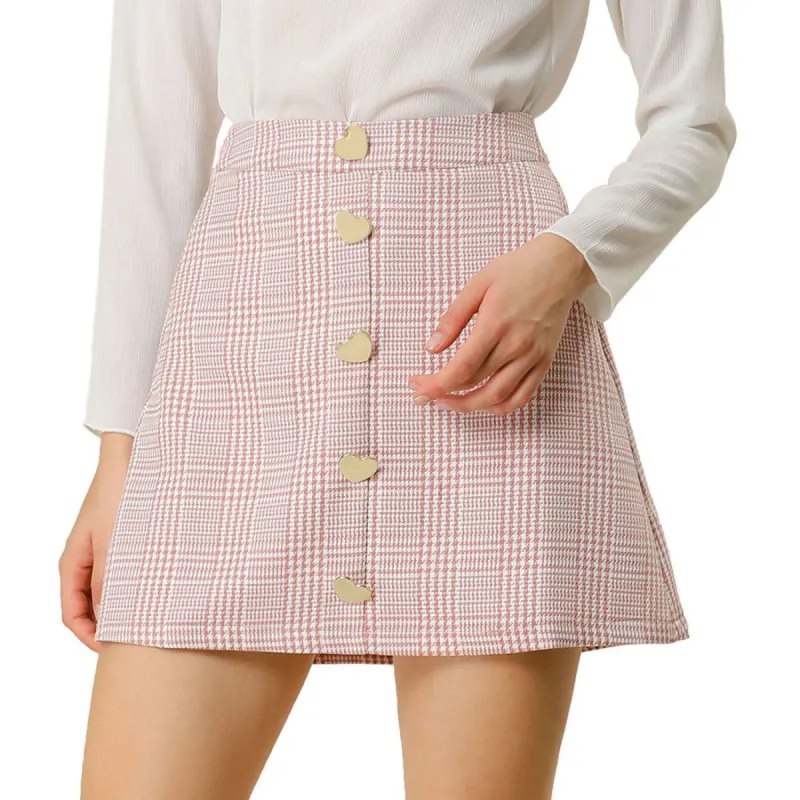 Women's Houndstooth Plaids Heart Button Decor High Waist A-Line Mini Skirt sold by Allegra K