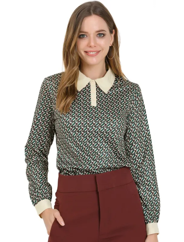 Women's Geometric Button Down Shirt Long Sleeve Work Office Collar Tops Blouse sold by Allegra K