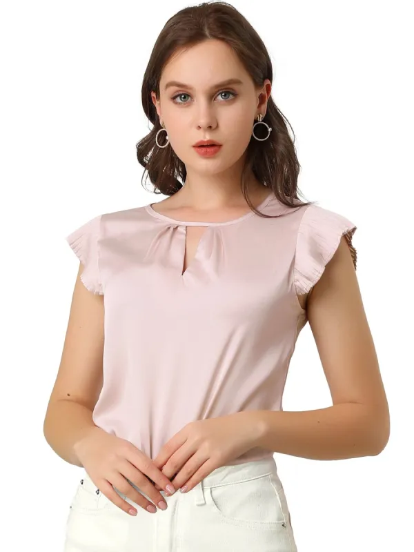 Women's Cut Out Keyhole Back Straight Solid Pleated Cap Sleeve Blouse sold by Allegra K