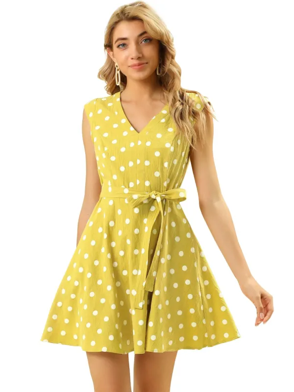Women's Polka Dots Cap Sleeves Pockets V Neck Dress sold by Allegra K