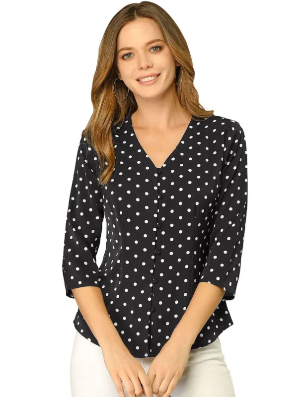 Women's Polka Dots 3/4 Sleeve Casual Button Front Blouse Top sold by Allegra K