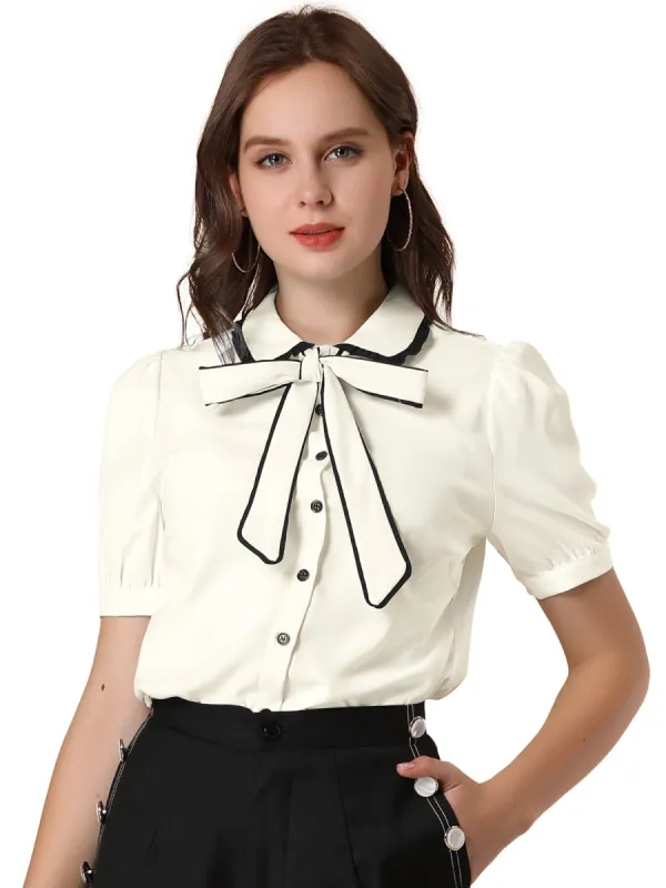 Women's Peter Pan Collar Puff Short Sleeve Tie Neck Work Tops sold by Allegra K