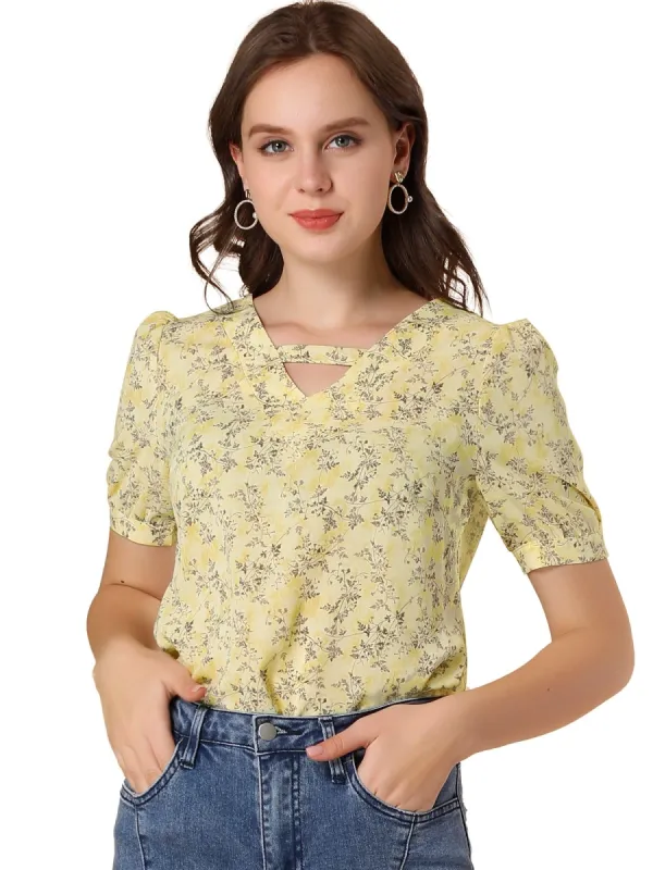 Women's Peasant Floral Printed Short Sleeve Choker Neck Work Office Top Blouse made by Allegra K