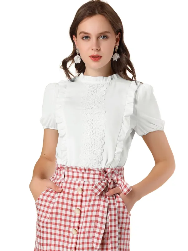 Women's Mock Neck Ruffle Short Sleeve Crochet Lace Work Office Blouse sold by Allegra K
