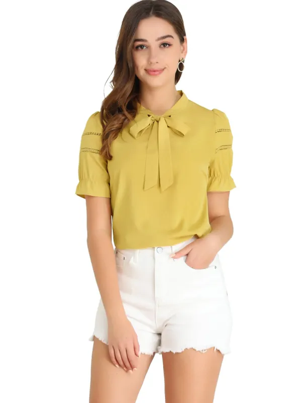 Women's Relax Ruffle Cuff Short Sleeve Blouse Bow Tie Collar Top sold by Allegra K