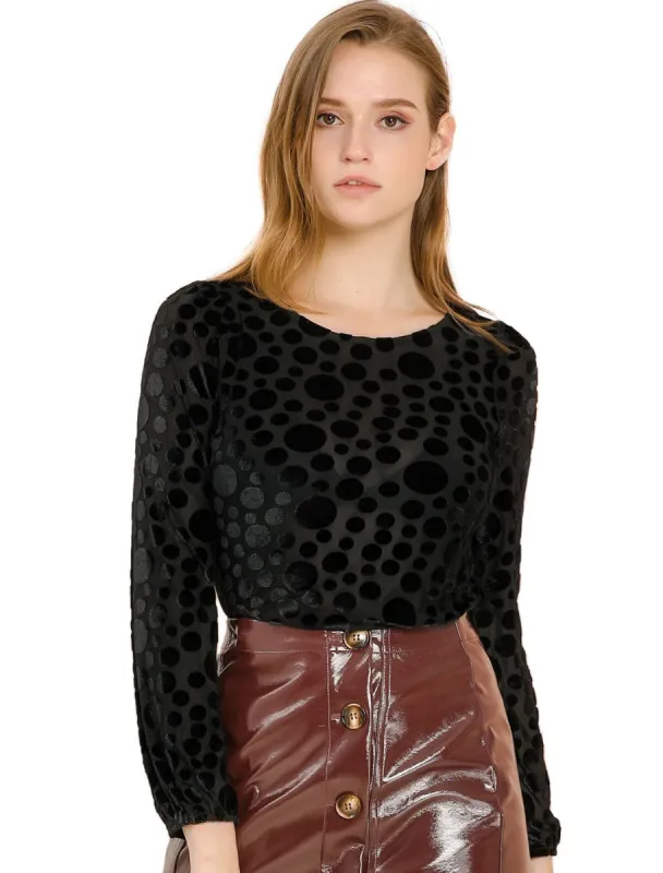 Women's Dots Prints Velvet Burn-Out Long Puff Sleeve Blouse Top sold by Allegra K
