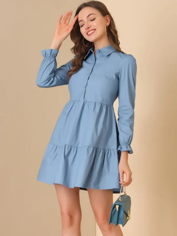 Tiered Babydoll Tunic Cotton Long Sleeve Button Down Dress sold by Allegra K