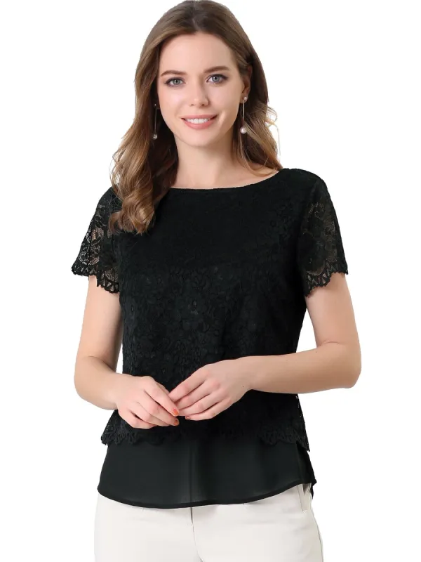 Women's Floral Lace See Through Sheer Short Sleeve Hem Layer Top Blouse sold by Allegra K