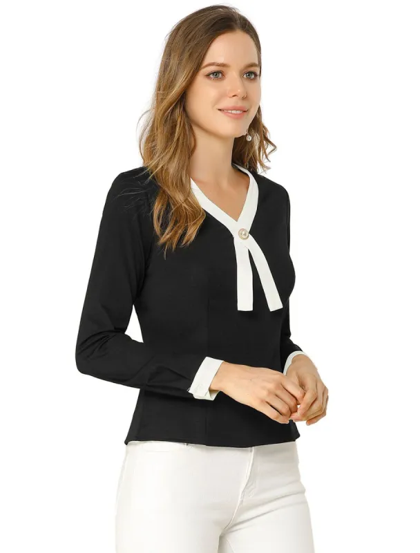 Women's Contrast Trim V Neck Long Sleeve Casual Office Blouse Top sold by Allegra K