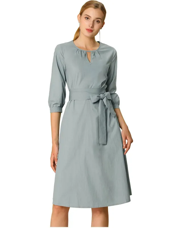 Allegra K Keyhole Neck Elbow Sleeve Dress with Tie Waist Front sold by Allegra K