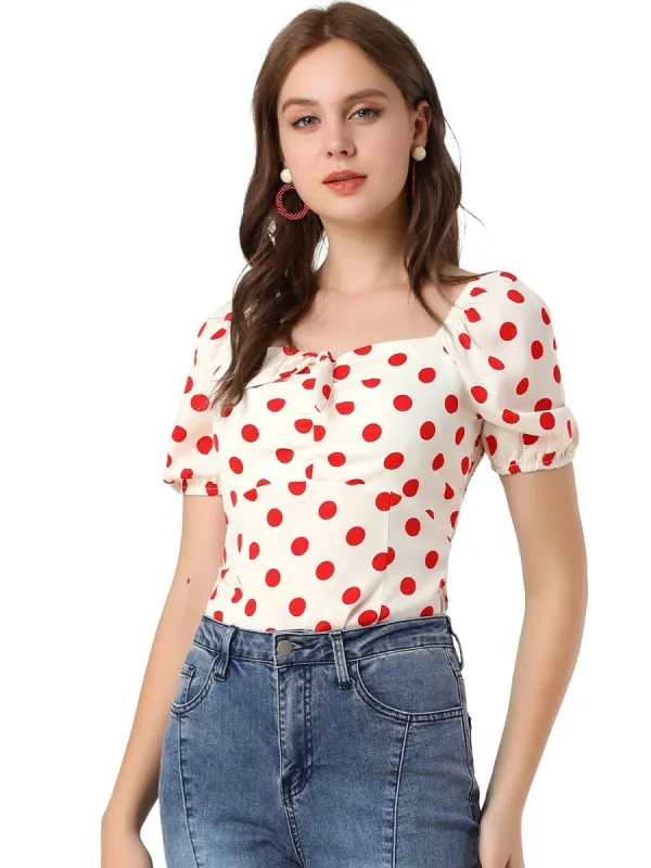 Women's Polka Dots Sweetheart Neck Bow Tie Sweet Top sold by Allegra K