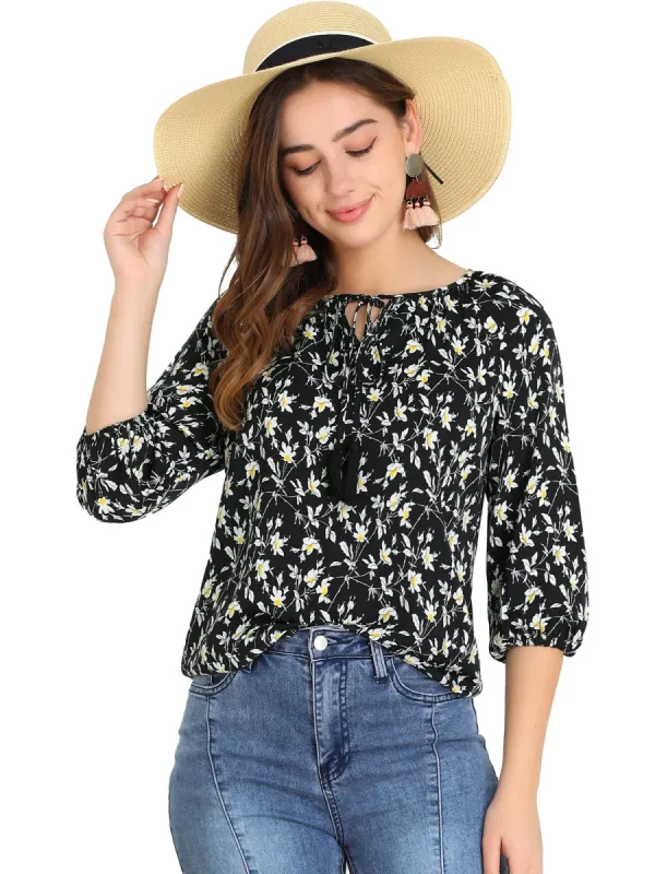 Women's Retro 3/4 Sleeve Keyhole Tie Neck Floral Blouse sold by Allegra K