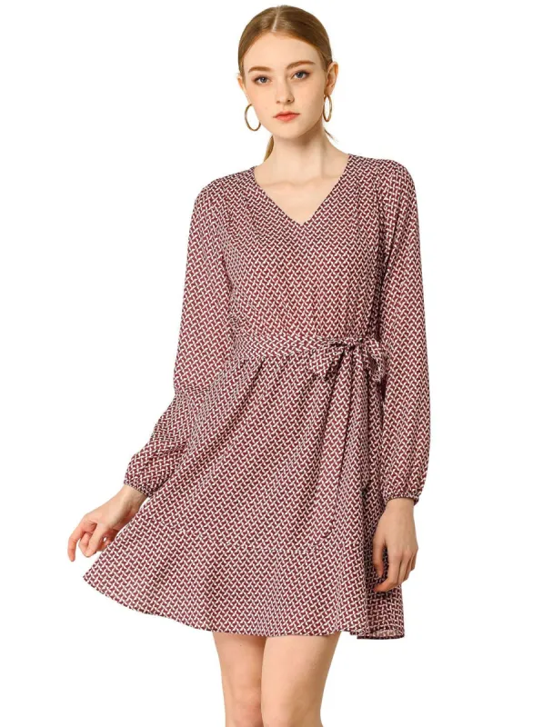 Allegra K V-neck Ruffle Hem Belted Geometric Pattern Long Sleeve Dress sold by Allegra K