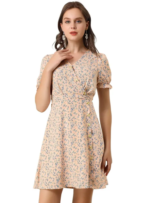 Women's Puff Sleeve Decor Button V Neck Fit and Flare Floral Dress sold by Allegra K