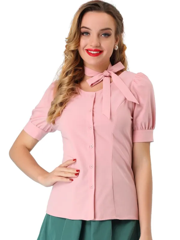 Women's Retro Puff Sleeve Blouse Cotton Button Down Work Shirt sold by Allegra K