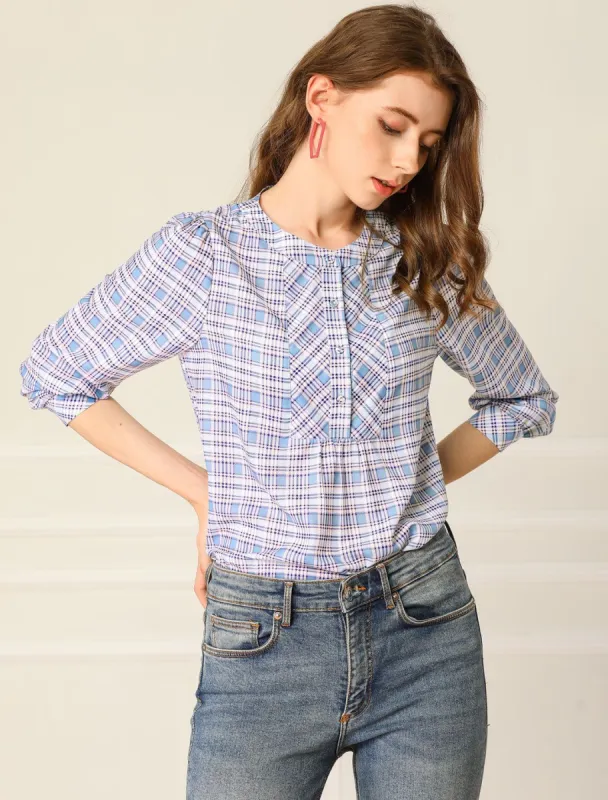 Plaid Button Blouse Casual Round Neck Shirt Tops sold by Allegra K